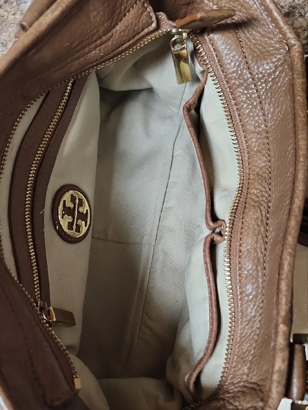 Tory Burch Amanda Brown Leather Satchel Handbag with Gold Logo Accent